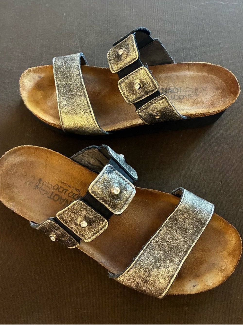 Naot Ashley Metallic Pewter Rhinestone Slide Sandals Orthopedic Cork Suede 6.5